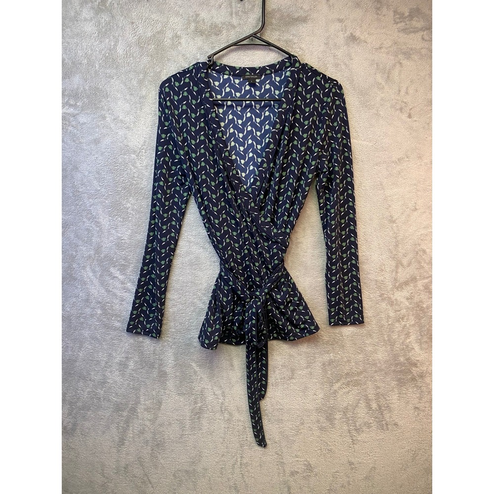 Ann Taylor Navy Blue Green Floral Tulip Faux Wrap Tie Waist Top Blouse Size S - Picture 1 of 5